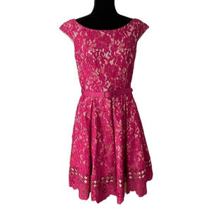 Eliza J Magenta Floral Lace Fit & Flare Tulle Belted Dress Cocktail Wedding 10